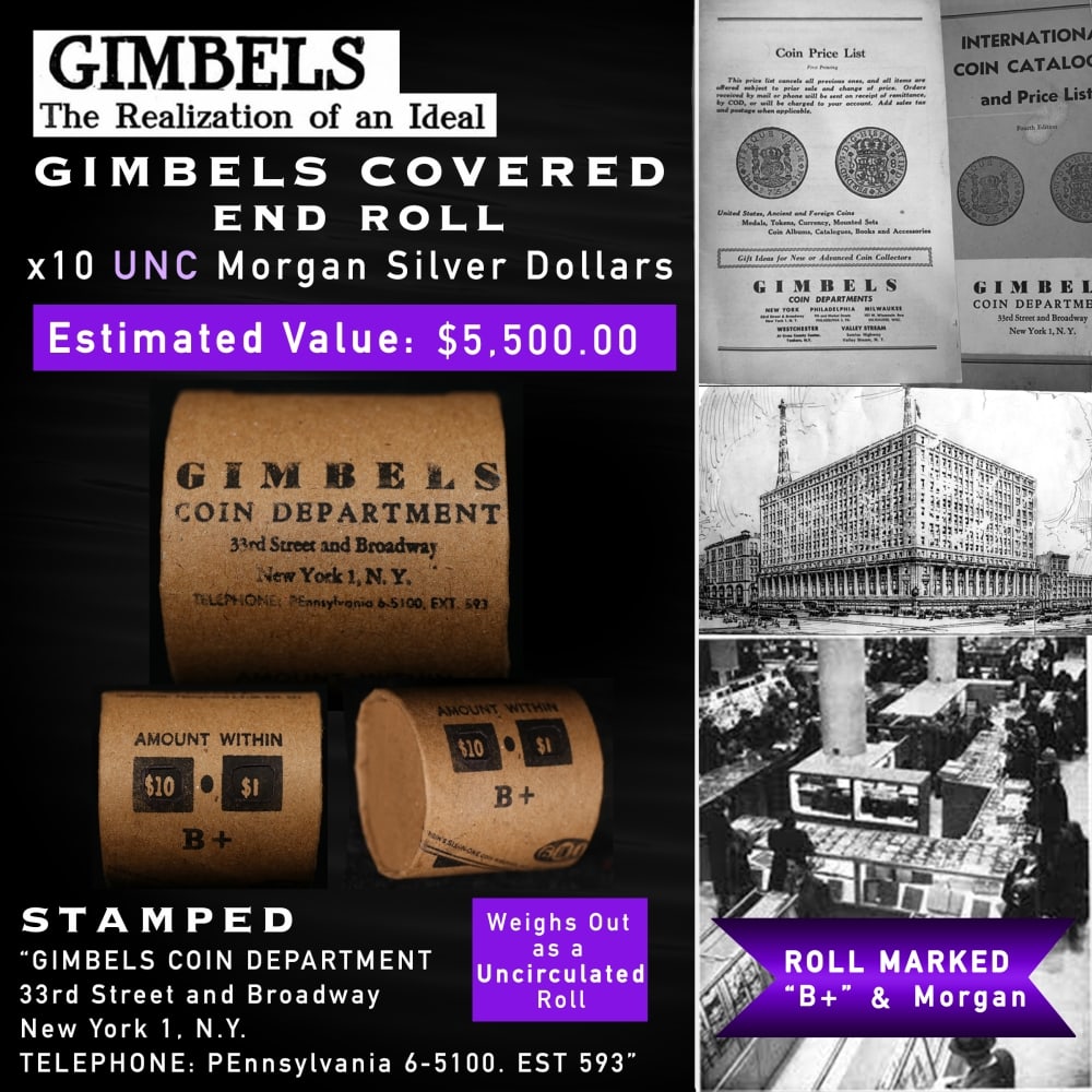 Rare GIMBLES Unc Morgan Dollar $1 Roll 10 Coin B+: Rare GIMBLES Unc Morgan Dollar $1 Roll 10 Coin B+. Up For Auction is a 133- Rare GIMBLES Unc Morgan Dollar $1 Roll 10 Coin B+ Roll Weighing 270.2 g Based On this weight this is a UNC Roll We are very