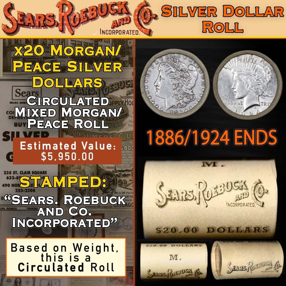 20 SEARS Morgan/Peace Circ Dollar $1 Roll 1886/1924 Ends: 20 SEARS Morgan/Peace Circ Dollar $1 Roll 1886/1924 Ends. Up For Auction is a 96- 20 SEARS Morgan/Peace Circ Dollar $1 Roll 1928/1886 Ends Roll Weighing 535.9 g Based On this weight this is a Circ