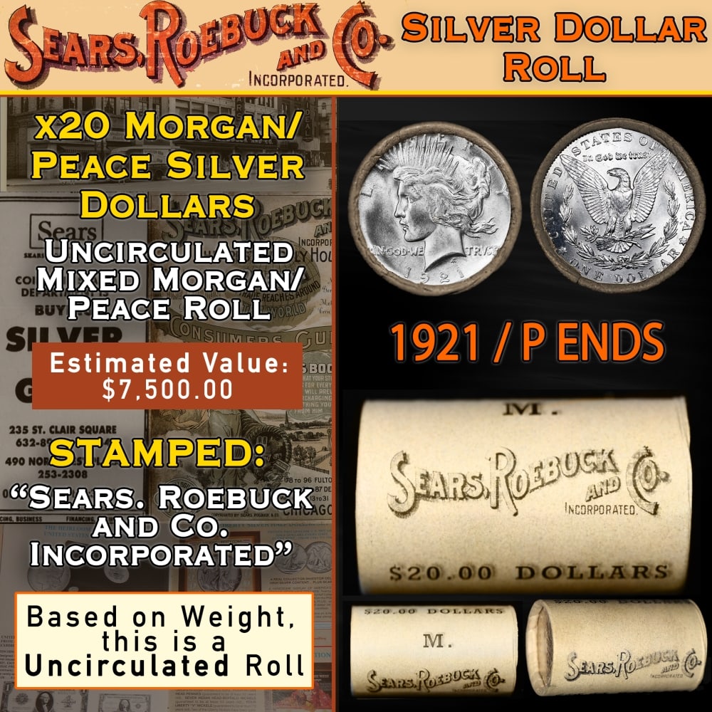 20 Mixed Morgan/Peace Unc SEARS Dollar $1 Roll 1921 Peace/Morgan 'P' Rev Ends: 20 Mixed Morgan/Peace Unc SEARS Dollar $1 Roll 1921 Peace/Morgan 'P' Rev Ends. Up For Auction is a 76- 20 Mixed Morgan/Peace Unc SEARS Dollar $1 Roll 1921 Peace/Morgan 'P' Rev Ends Roll Weighing 537.4