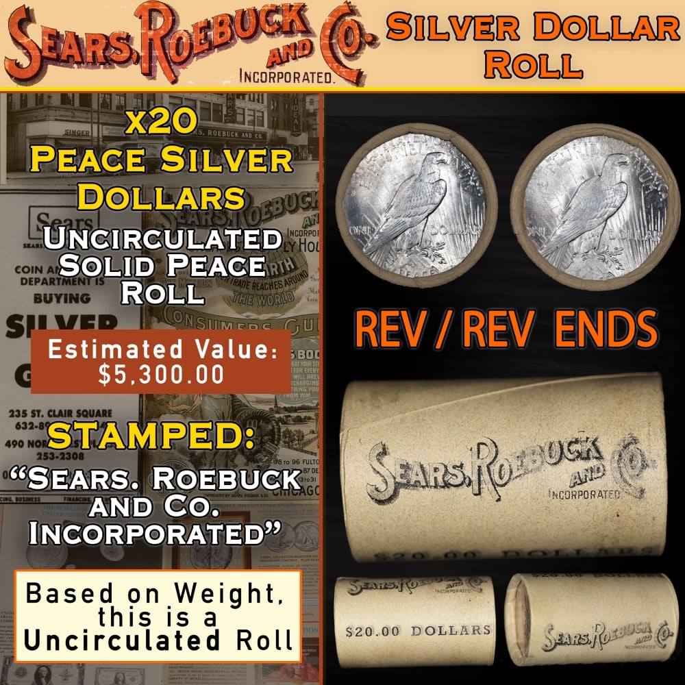 20 Coin SEARS Peace Silver $1 Roll Uncirculated Mystery 'P' Rev/'P' Rev Ends: 20 Coin SEARS Peace Silver $1 Roll Uncirculated Mystery 'P' Rev/'P' Rev Ends. Up For Auction is a 12- 20 Coin SEARS Peace Silver $1 Roll Uncirculated Mystery 'P' Rev/'P' Rev Ends Roll Weighing 537.8