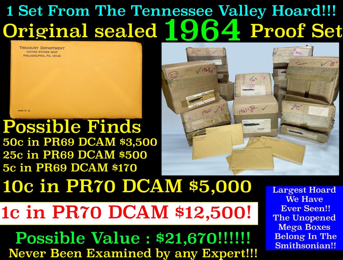 Original sealed 1964 United States Mint Proof Set Tennessee Valley Hoard: Original sealed 1964 United States Mint Proof Set Tennessee Valley Hoard. Once in a lifetime collection We are proud to bring to auction the greatest proof collection of the late 1950s and early