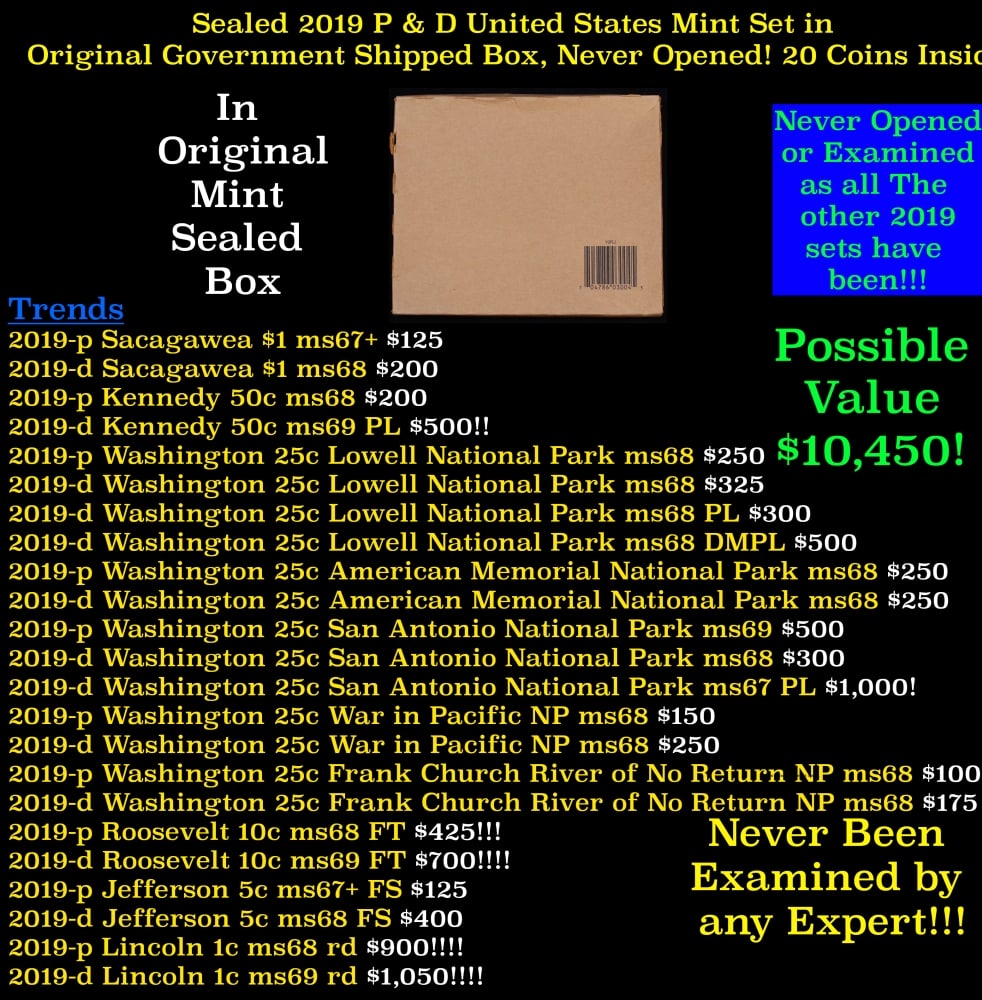 Sealed 2019 United States Mint Set in Original Government Shipped Box, Never Opened! 21 Coins Ins...: Sealed 2019 United States Mint Set in Original Government Shipped Box, Never Opened! 21 Coins Inside!. The 2019 United States Mint Uncirculated Coin Set includes two folders, each containing 10 coins