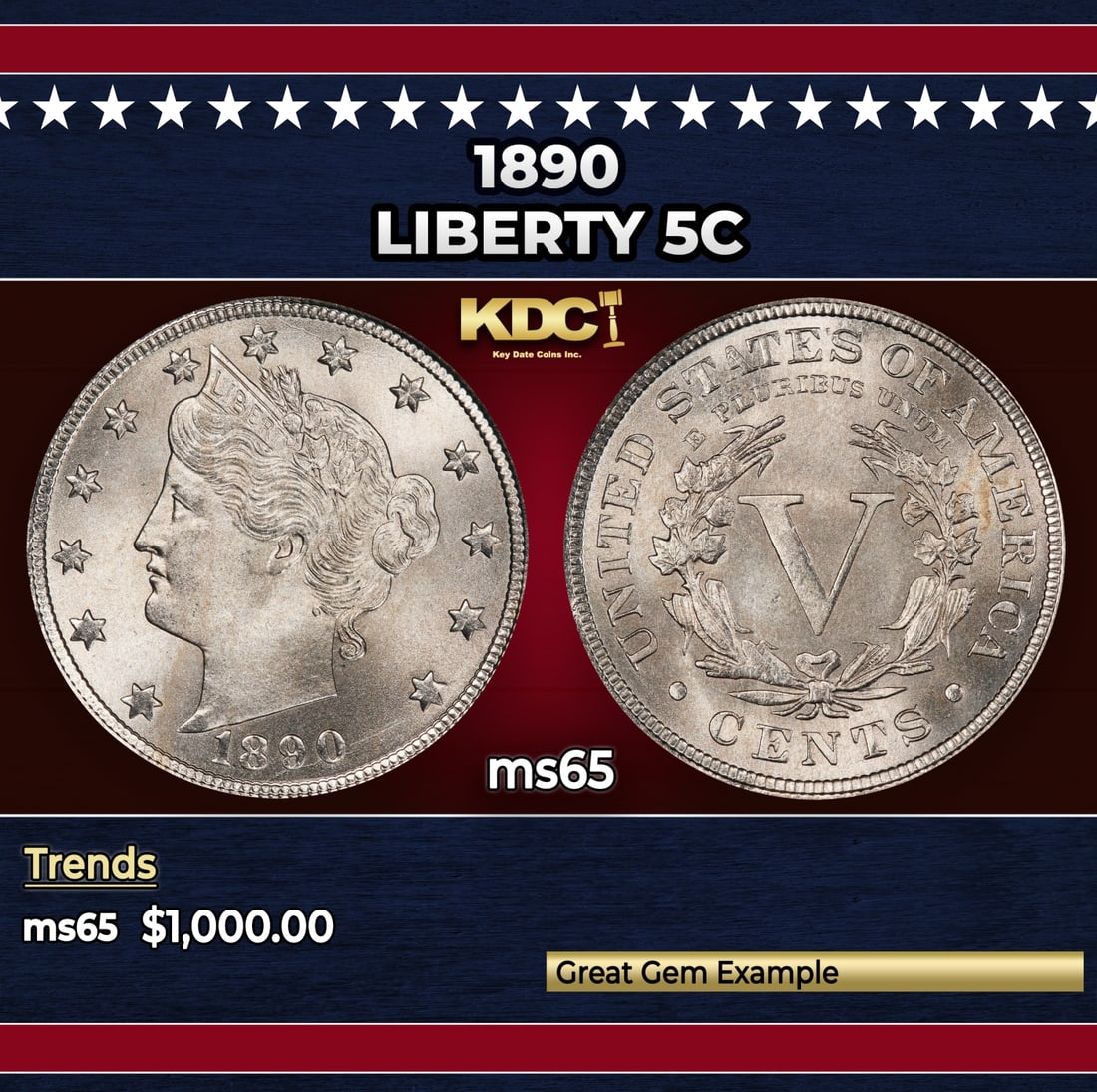 1890 Liberty Nickel 5c ms65 SEGS: 1890 Liberty Nickel 5c ms65 SEGS.