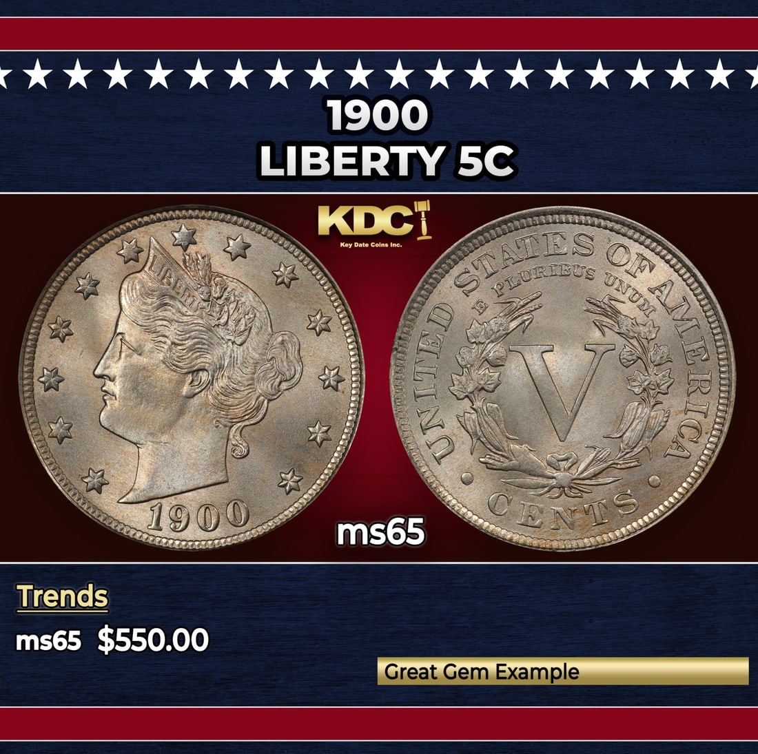 1900 Liberty Nickel 5c Grades ms65