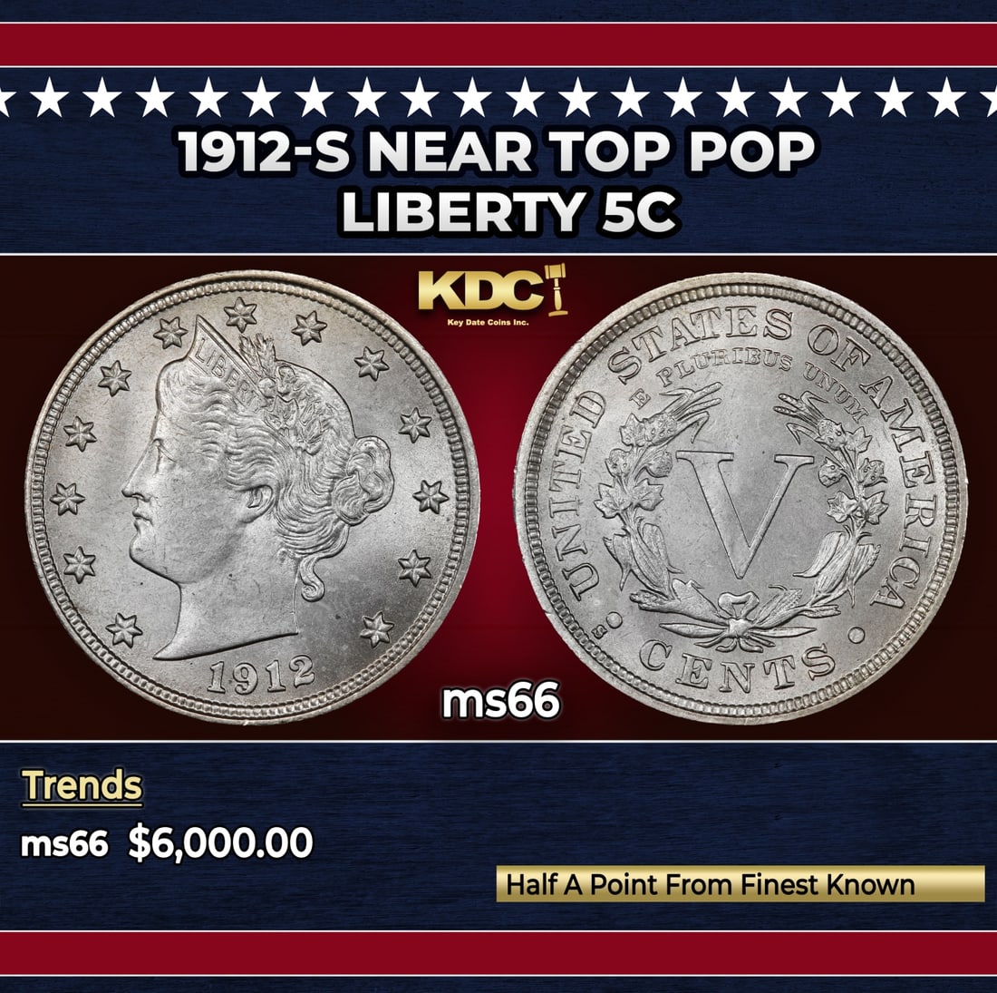 1912-s Liberty Nickel Near Top Pop 5c ms66 SEGS: 1912-s Near Top Pop Liberty Nickel 5c ms66 SEGS.