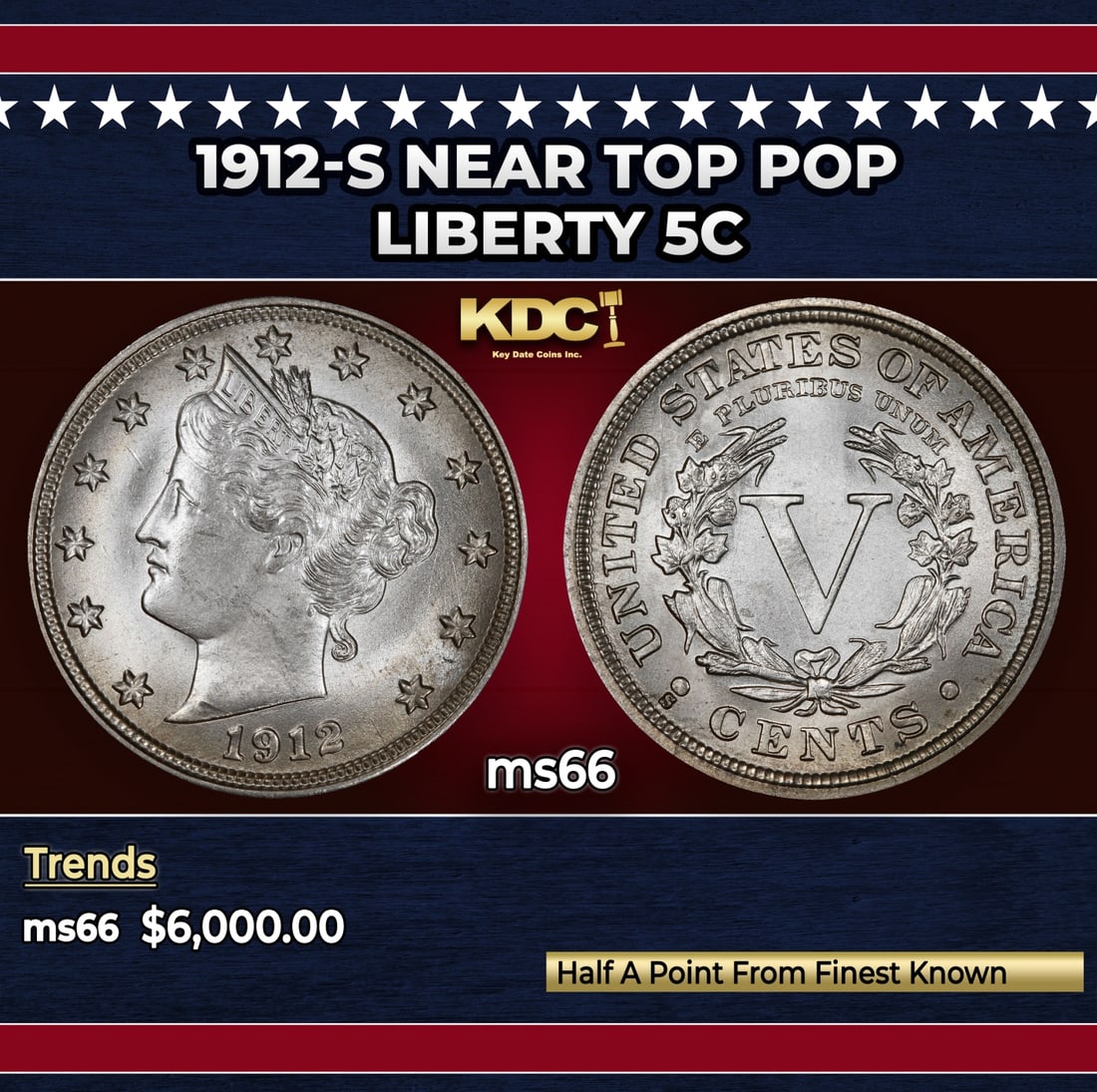 1912-s Liberty Nickel Near Top Pop 5c ms66 SEGS: 1912-s Near Top Pop Liberty Nickel 5c ms66 SEGS.