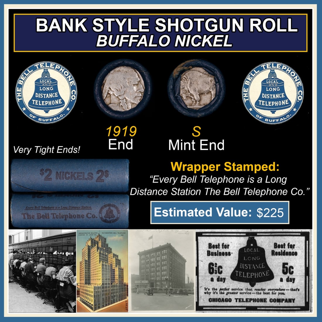 Buffalo Nickel Shotgun Roll in Old Bank Style 'Bell Telephone' Wrapper 1919 & S Mint Ends: Buffalo Nickel Shotgun Roll in Old Bank Style 'Bell Telephone' Wrapper 1919 & S Mint Ends. The roll is held in an old, rare "Bell Telephone Co." Bank style wrapper. This is the Bell Telephone logo