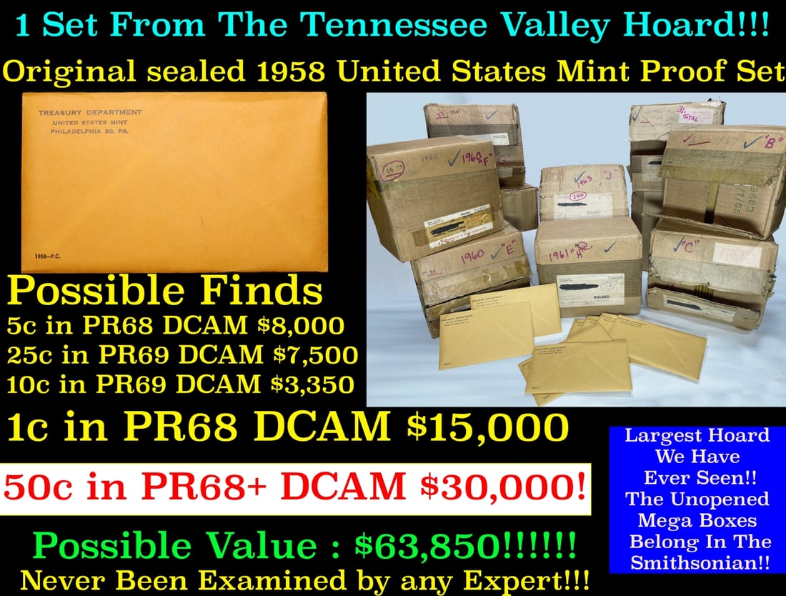 Original sealed 1958 United States Mint Proof Set Tennessee Valley Hoard: Original sealed 1958 United States Mint Proof Set Tennessee Valley Hoard. Original sealed 1958 United States Mint Proof Set Tennessee Valley Hoard. Once in a lifetime collection We are proud to bring