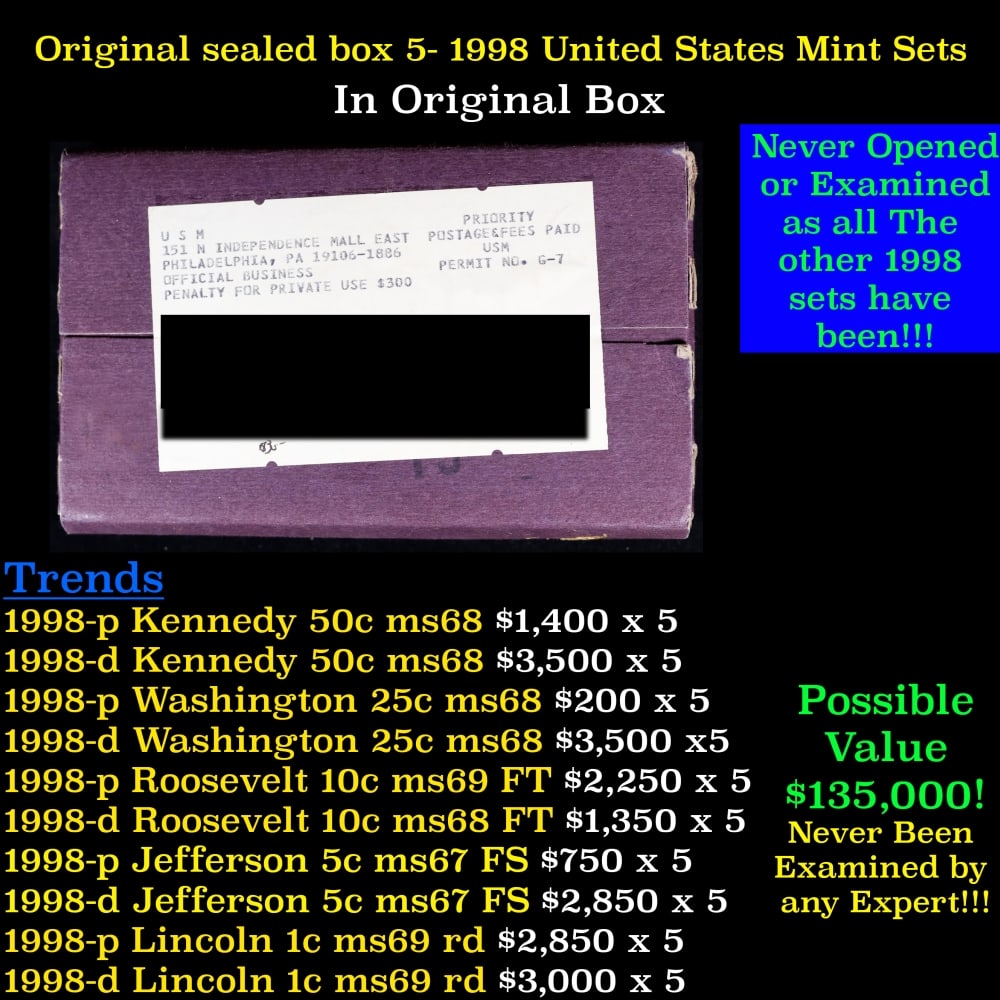 Original sealed box 5- 1998 United States Mint Sets: Original sealed box 5- 1998 United States Mint Sets.