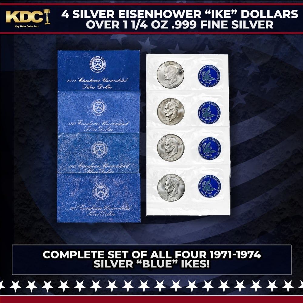 1971-1974 Full US Mint Silver "Blue Ikes" Run, In Original Packaging: 1971-1974 Full US Mint Silver "Blue Ikes" Run, In Original Packaging. "Blue Ikes" are uncirculated, 40% silver Eisenhower dollars packaged in blue envelopes by the US Mint. They were issued from 1971