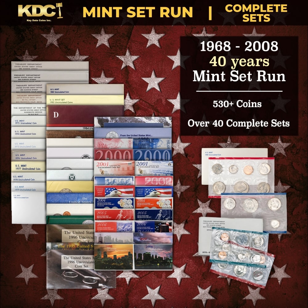 1968-2008 40 Years Mint Set Run - 533 Coins, 41 Complete Sets: 1968-2008 40 Years Mint Set Run - 533 Coins, 41 Complete Sets. 1968-2008 40 Years Mint Set Run - 535 Coins, 41 Complete Sets. This set includes all 50 State Quarter varieties. The 1996 Mint Set