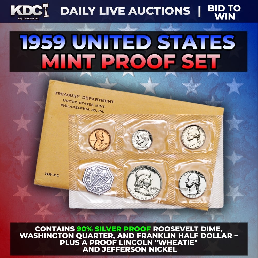 1959 United States Mint Silver Proof Set In Original Goventment Packaging, 5 Coins - Manilla Enve...: 1959 United States Mint Silver Proof Set In Original Goventment Packaging, 5 Coins - Manilla Envelope. Those who appreciate low-mintage coins of the finest quality will enjoy owning this official