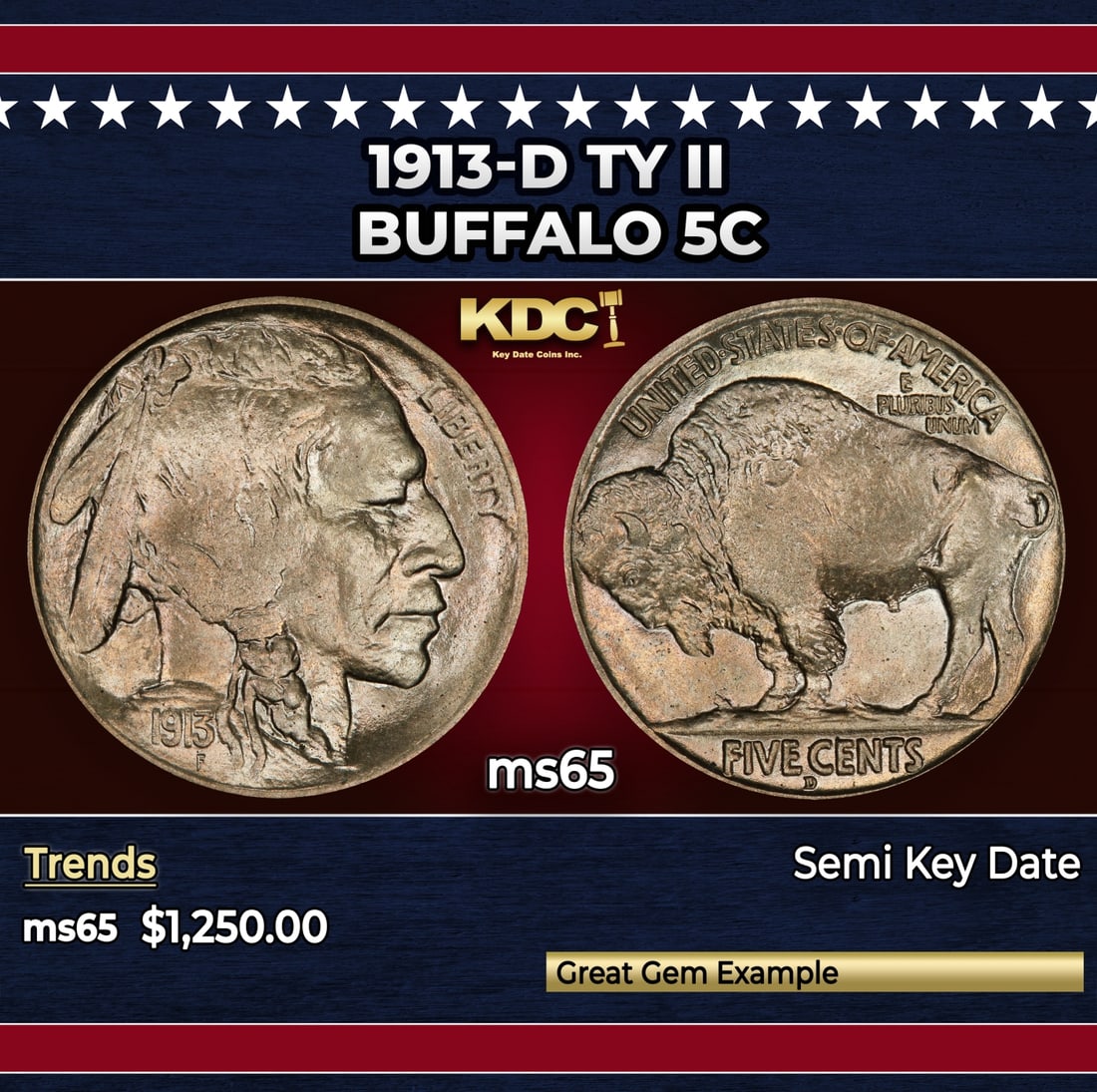 1913-d Ty II Buffalo Nickel 5c ms65 SEGS: 1913-d Ty II Buffalo Nickel 5c ms65 SEGS.