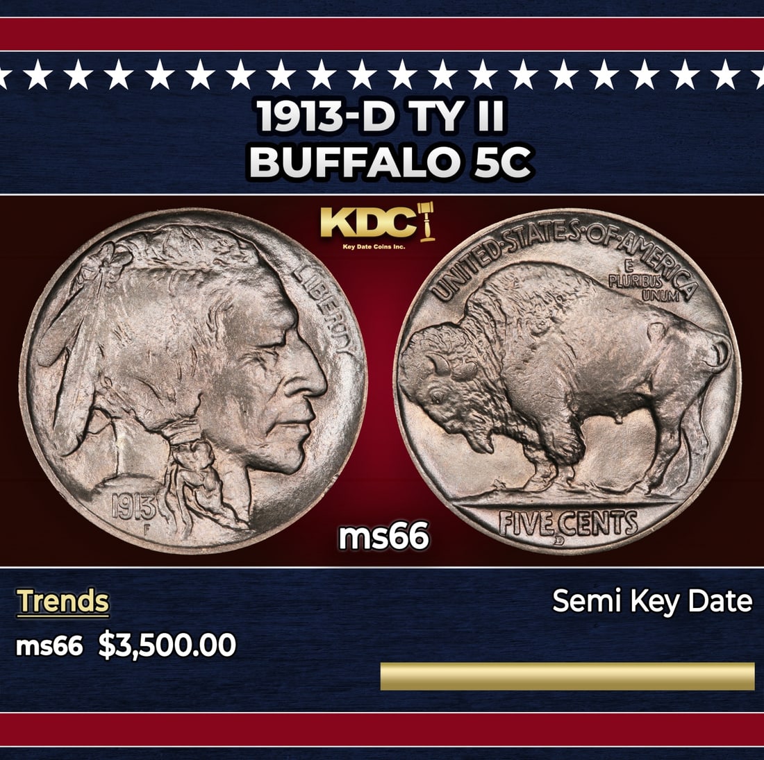 1913-d Ty II Buffalo Nickel 5c ms66 SEGS: 1913-d Ty II Buffalo Nickel 5c ms66 SEGS.