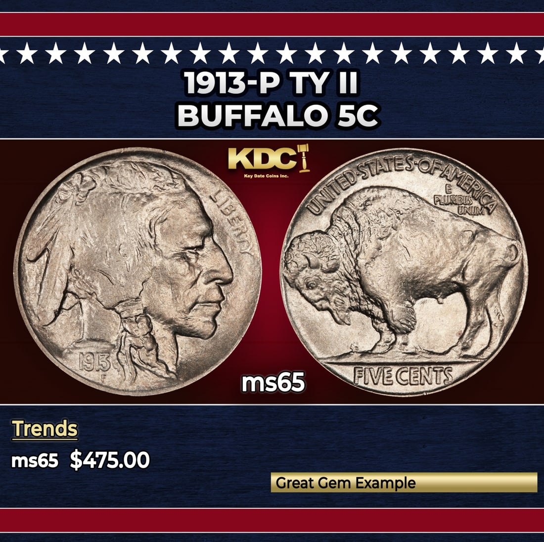 1913-p Ty II Buffalo Nickel 5c Grades ms65: 1913-p Ty II Buffalo Nickel 5c Grades ms65.