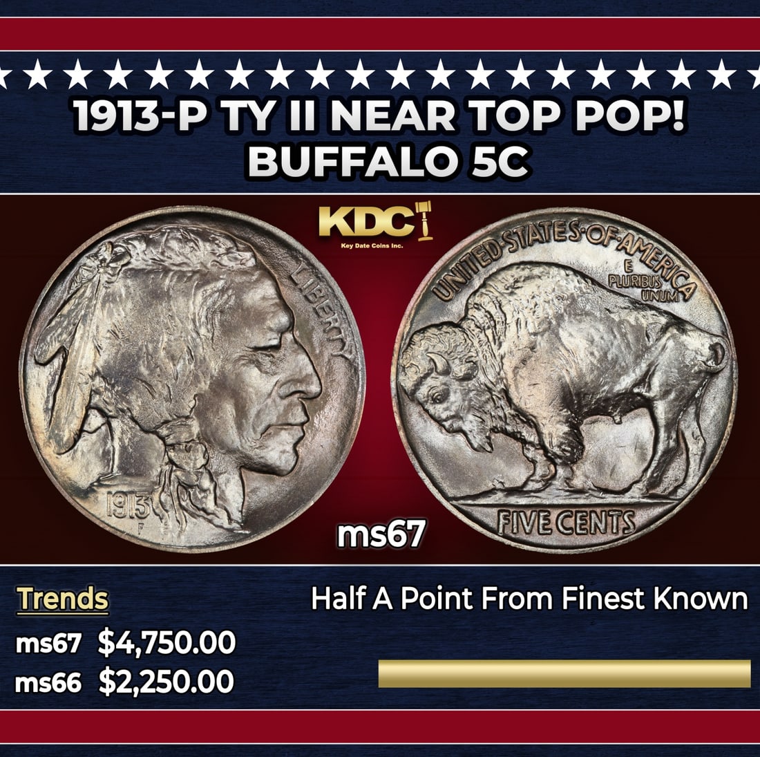 1913-p Ty II Buffalo Nickel Near Top Pop! 5c ms67 SEGS: 1913-p Ty II Near Top Pop! Buffalo Nickel 5c ms67 SEGS.