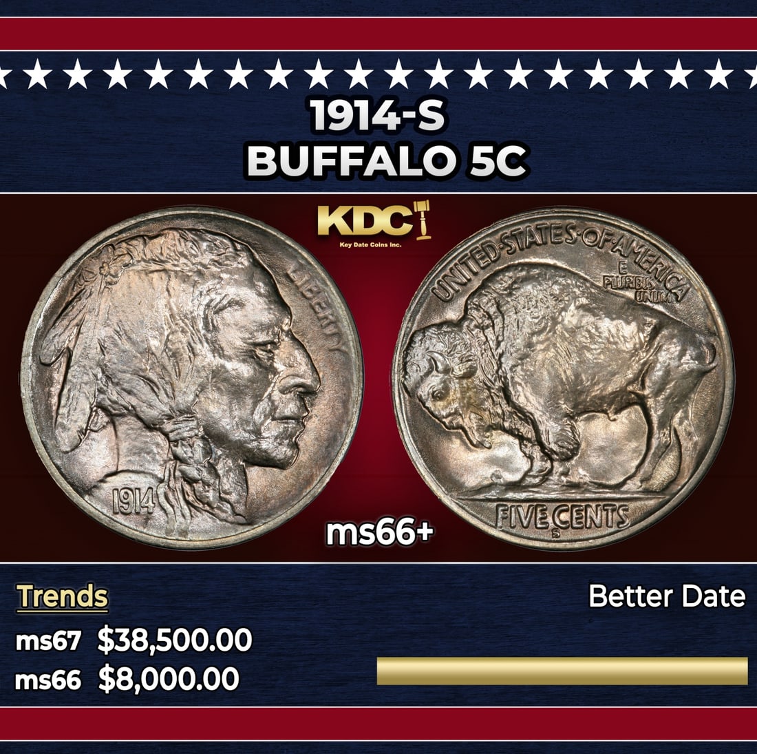 1914-s Buffalo Nickel 5c ms66+ SEGS: 1914-s Buffalo Nickel 5c ms66+ SEGS.