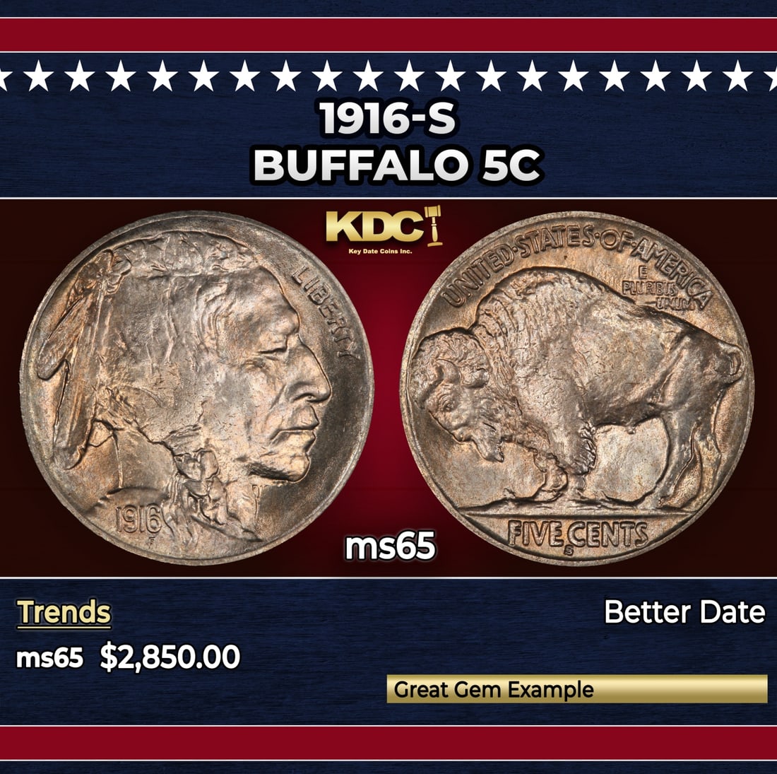 1916-s Buffalo Nickel 5c ms65 SEGS: 1916-s Buffalo Nickel 5c ms65 SEGS. A tough date.