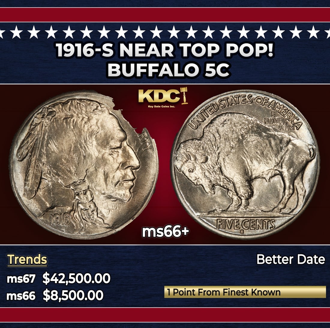 1916-s Buffalo Nickel Near Top Pop! 5c ms66+ SEGS: 1916-s Near Top Pop! Buffalo Nickel 5c ms66+ SEGS. A tough date.