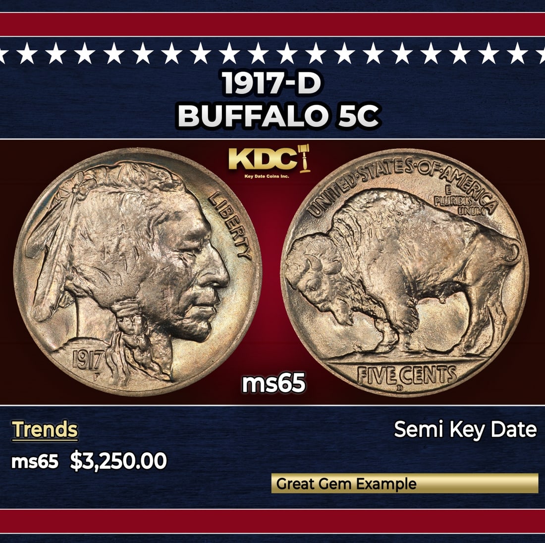 1917-d Buffalo Nickel 5c ms65 SEGS: 1917-d Buffalo Nickel 5c ms65 SEGS.