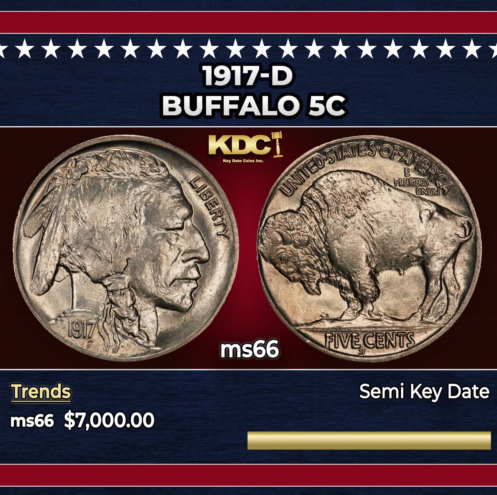 1917-d Buffalo Nickel 5c ms66 SEGS: 1917-d Buffalo Nickel 5c ms66 SEGS.