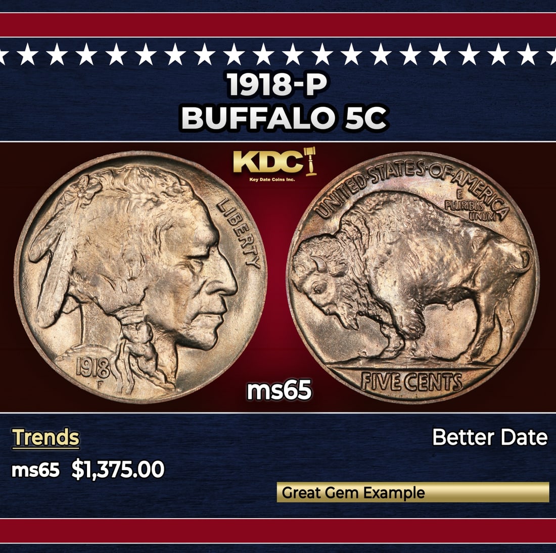 1918-p Buffalo Nickel 5c ms65 SEGS: 1918-p Buffalo Nickel 5c ms65 SEGS.