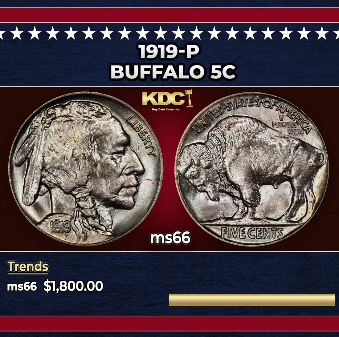 1919-p Buffalo Nickel 5c ms66 SEGS: 1919-p Buffalo Nickel 5c ms66 SEGS.