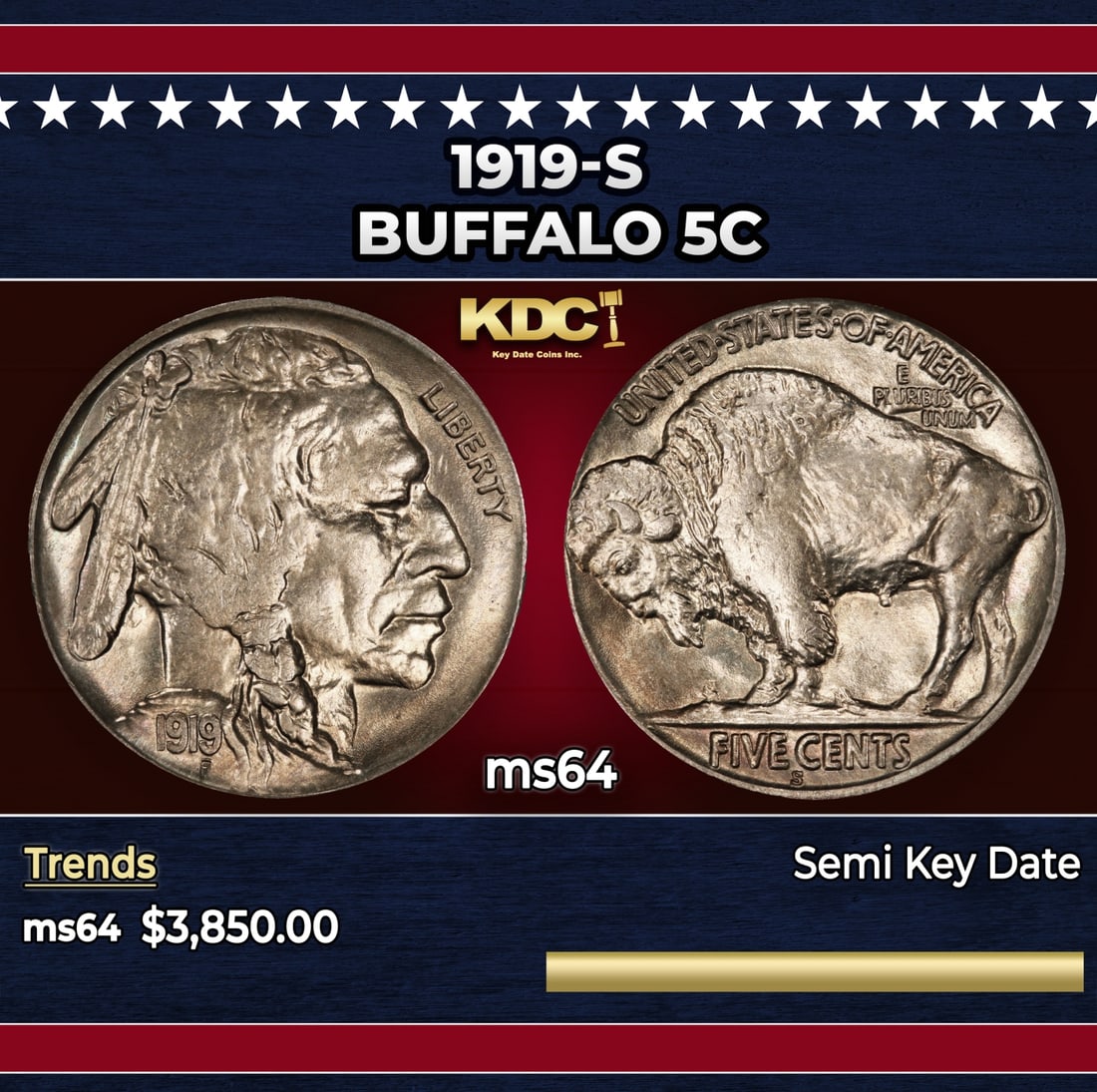 1919-s Buffalo Nickel 5c ms64 SEGS: 1919-s Buffalo Nickel 5c ms64 SEGS. According to David Hall, the 1919-s is scarce in circulated grades. Most of the killer rarities in the Buffalo nickel series are the 1918 thru 1927 San Francisco
