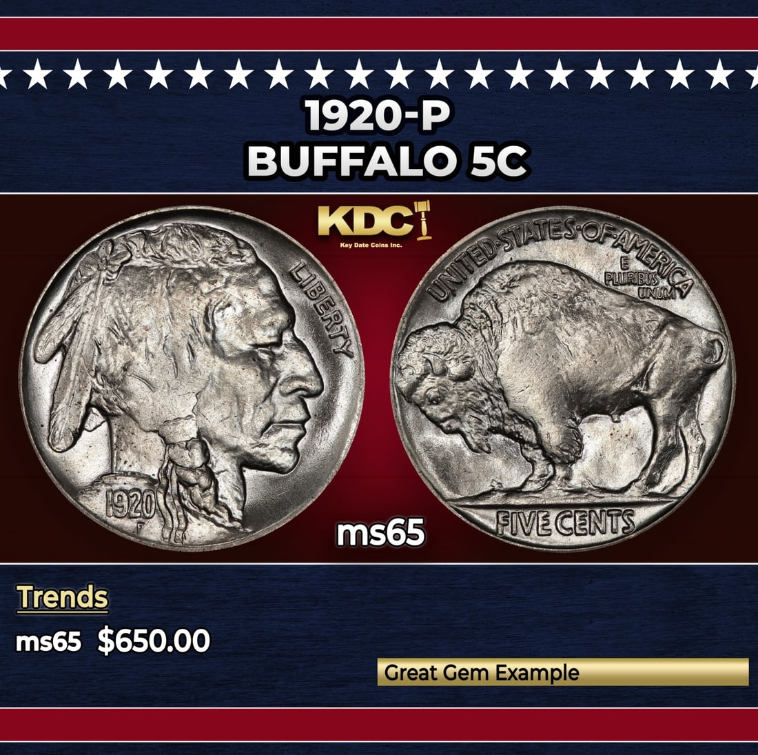 1920-p Buffalo Nickel 5c Grades ms65: 1920-p Buffalo Nickel 5c Grades ms65.