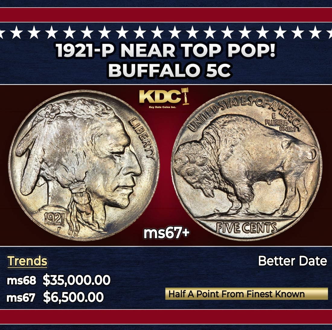 1921-p Buffalo Nickel Near Top Pop! 5c ms67+ SEGS: 1921-p Near Top Pop! Buffalo Nickel 5c ms67+ SEGS.