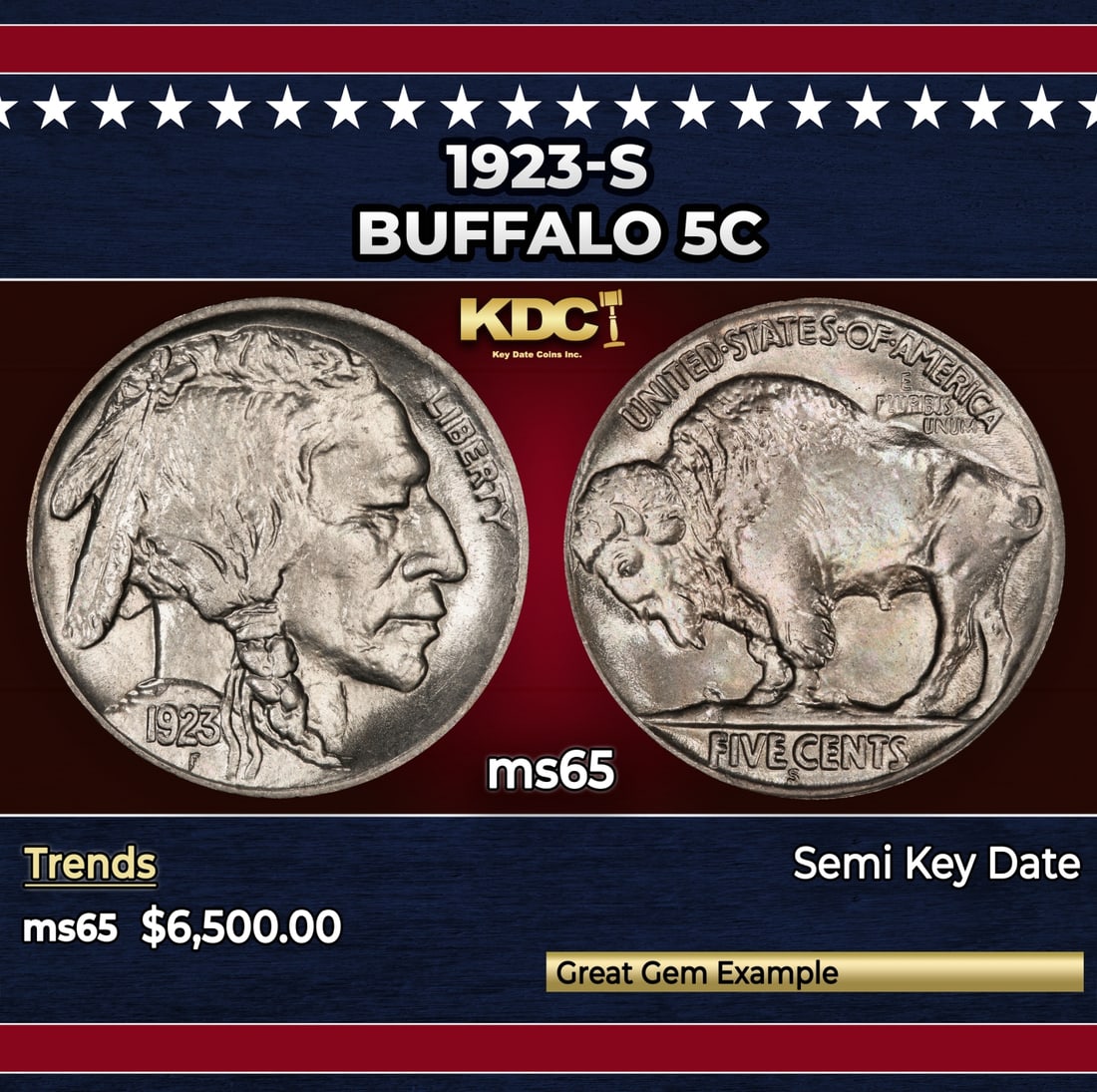 1923-s Buffalo Nickel 5c ms65 SEGS: 1923-s Buffalo Nickel 5c ms65 SEGS.