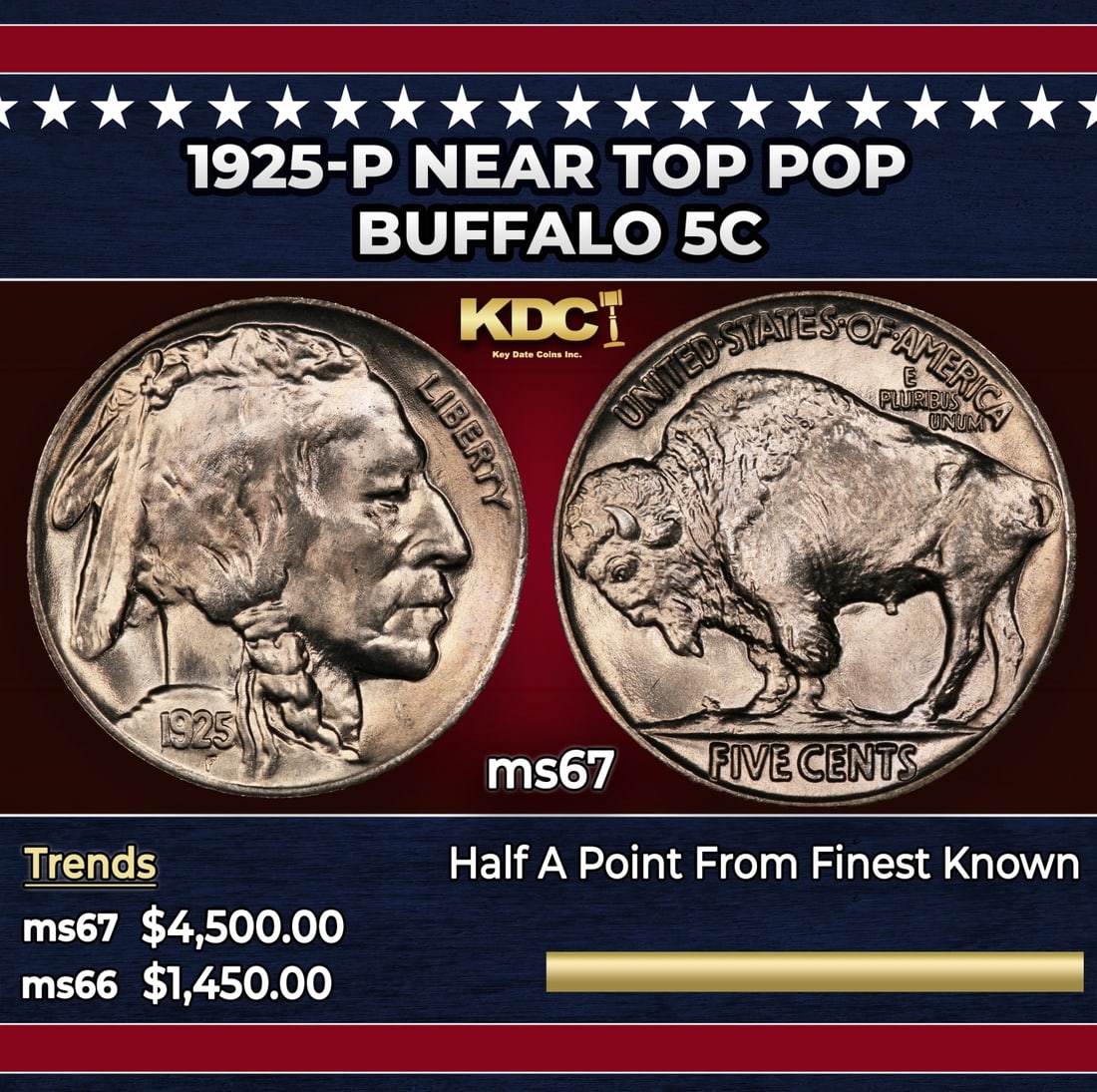 1925-p Buffalo Nickel Near Top Pop 5c ms67 SEGS: 1925-p Near Top Pop Buffalo Nickel 5c ms67 SEGS.