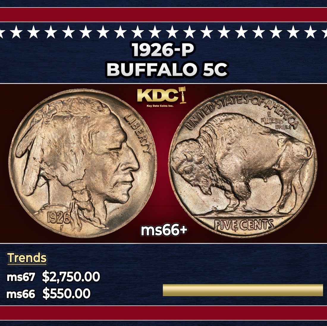 1926-p Buffalo Nickel 5c ms66+ SEGS: 1926-p Buffalo Nickel 5c ms66+ SEGS.