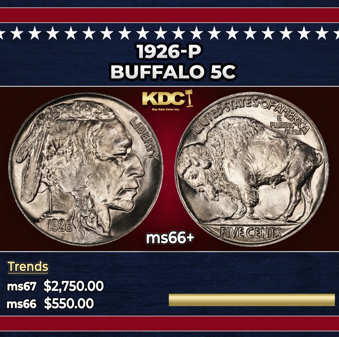 1926-p Buffalo Nickel 5c ms66+ SEGS: 1926-p Buffalo Nickel 5c ms66+ SEGS.