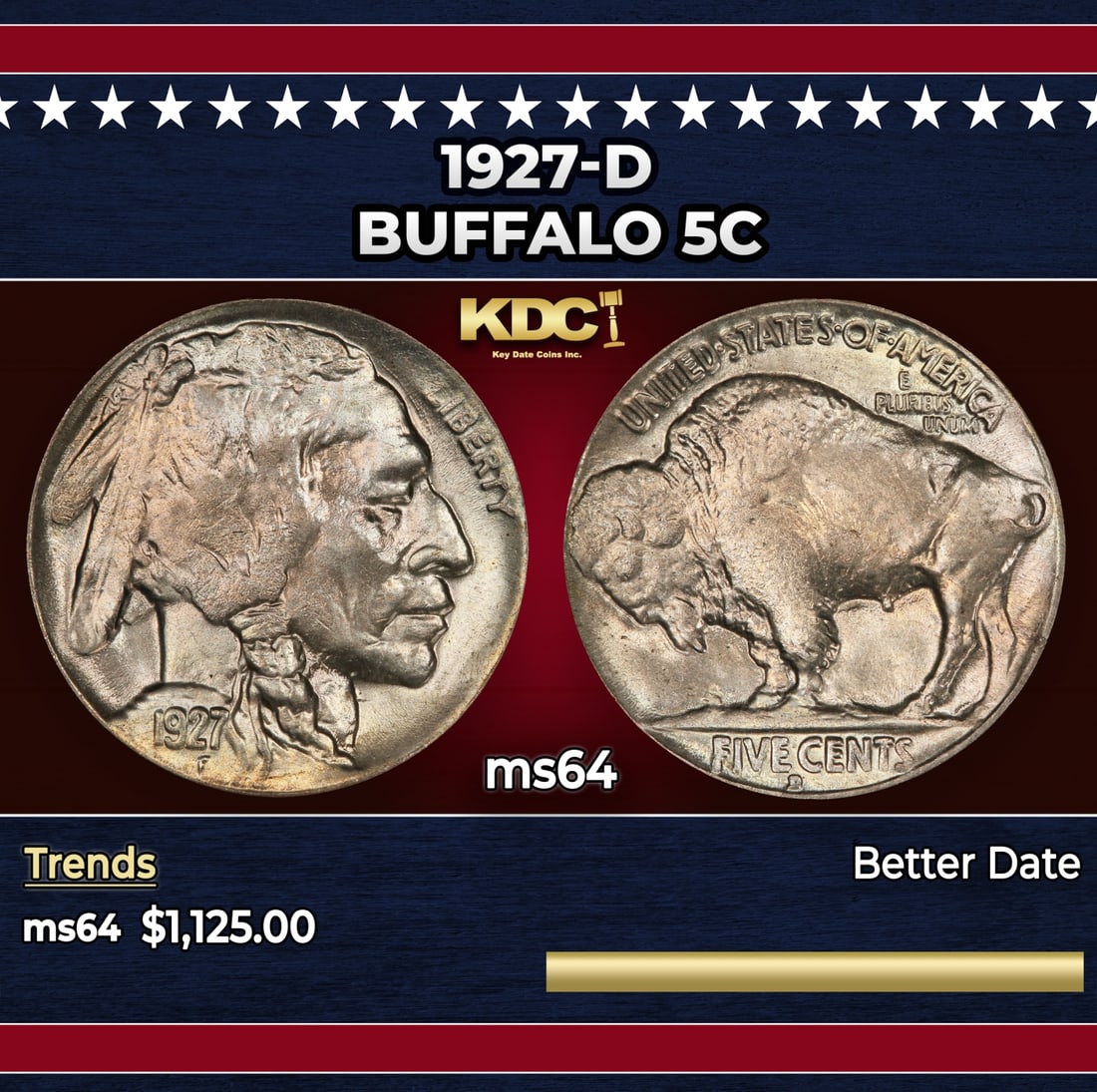 1927-d Buffalo Nickel 5c ms64 SEGS: 1927-d Buffalo Nickel 5c ms64 SEGS.