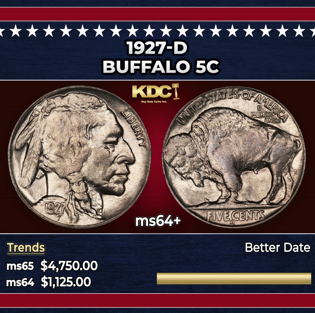 1927-d Buffalo Nickel 5c ms64+ SEGS: 1927-d Buffalo Nickel 5c ms64+ SEGS.