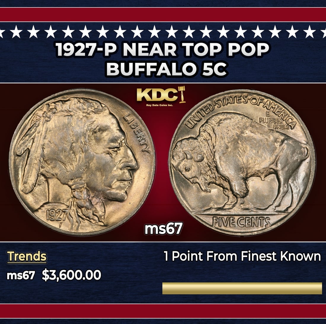 1927-p Buffalo Nickel Near Top Pop 5c ms67 SEGS: 1927-p Near Top Pop Buffalo Nickel 5c ms67 SEGS.