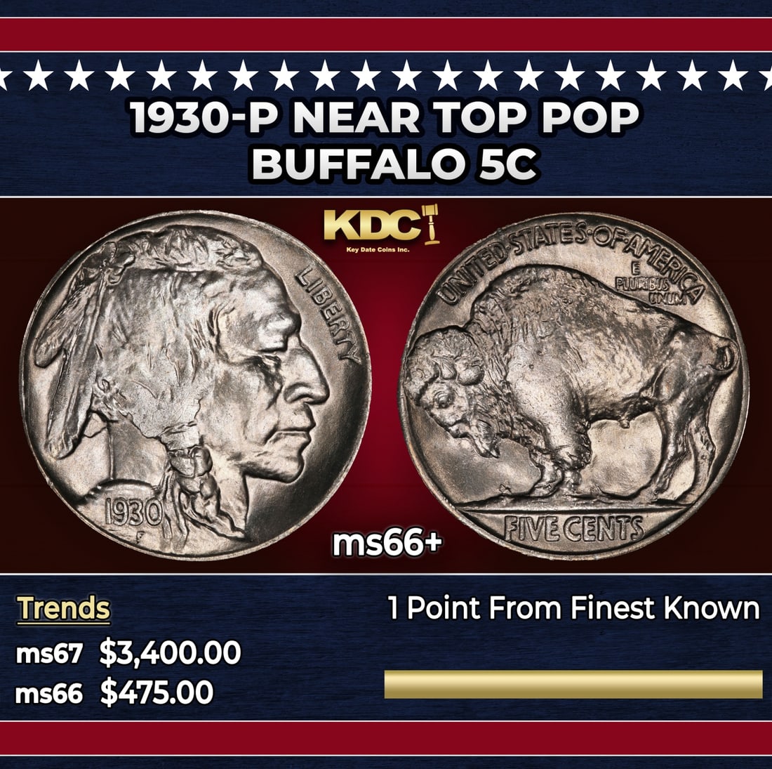 1930-p Buffalo Nickel Near Top Pop 5c ms66+ SEGS: 1930-p Near Top Pop Buffalo Nickel 5c ms66+ SEGS.
