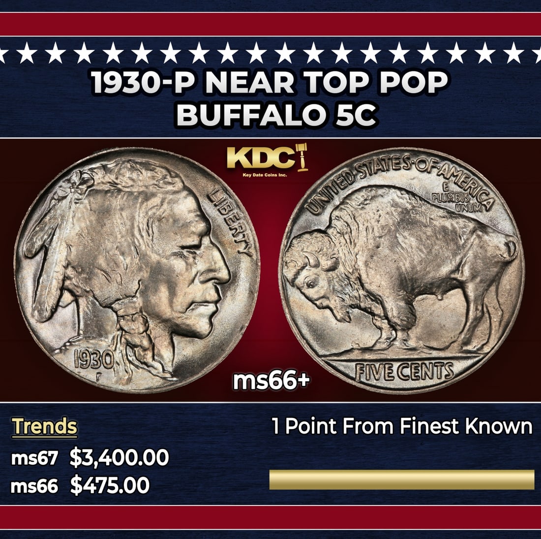 1930-p Buffalo Nickel Near Top Pop 5c ms66+ SEGS: 1930-p Near Top Pop Buffalo Nickel 5c ms66+ SEGS.
