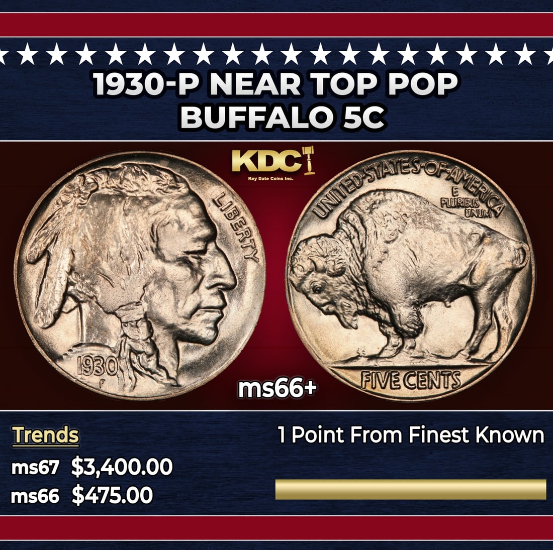 1930-p Buffalo Nickel Near Top Pop 5c ms66+ SEGS: 1930-p Near Top Pop Buffalo Nickel 5c ms66+ SEGS.