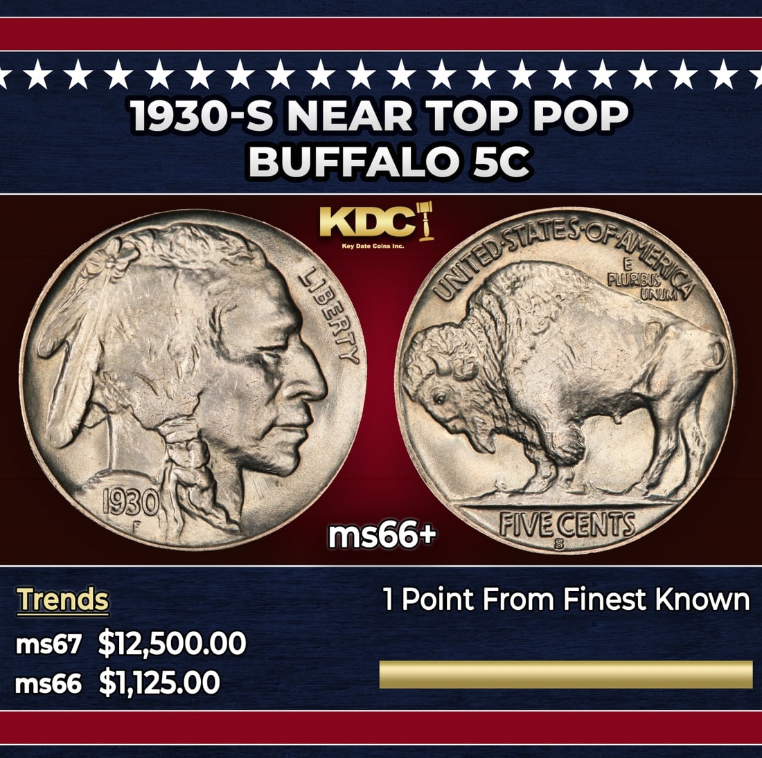 1930-s Buffalo Nickel Near Top Pop 5c ms66+ SEGS: 1930-s Near Top Pop Buffalo Nickel 5c ms66+ SEGS.