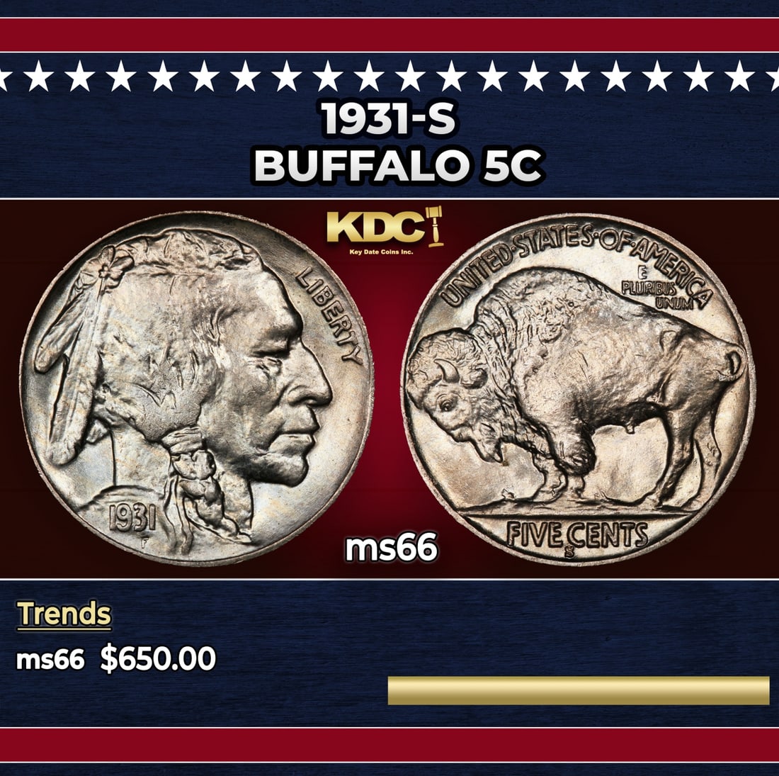 1931-s Buffalo Nickel 5c Grades ms66: 1931-s Buffalo Nickel 5c Grades ms66.
