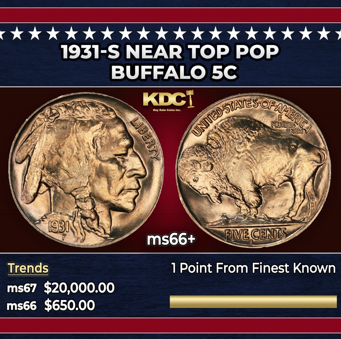 1931-s Buffalo Nickel Near Top Pop 5c ms66+ SEGS: 1931-s Near Top Pop Buffalo Nickel 5c ms66+ SEGS.