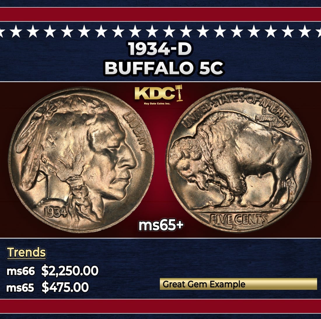 1934-d Buffalo Nickel 5c ms65+ SEGS: 1934-d Buffalo Nickel 5c ms65+ SEGS.