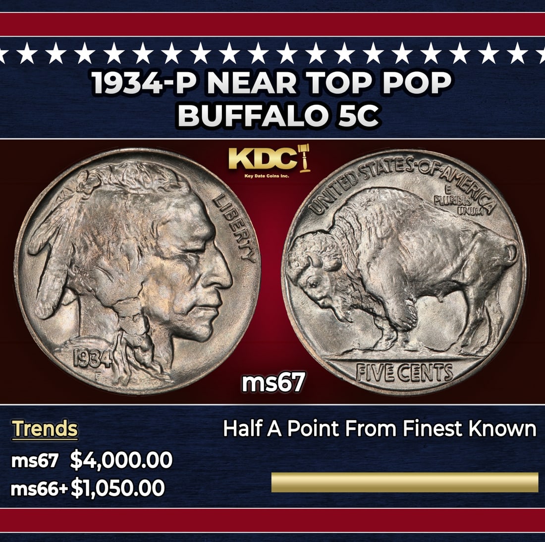 1934-p Buffalo Nickel Near Top Pop 5c ms67 SEGS: 1934-p Near Top Pop Buffalo Nickel 5c ms67 SEGS.