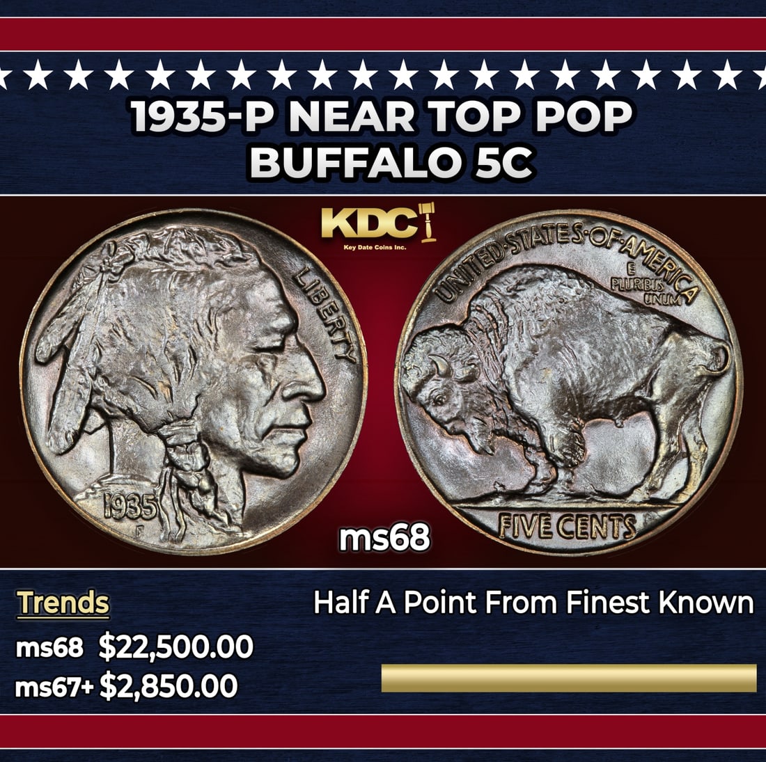 1935-p Buffalo Nickel Near Top Pop 5c ms68 SEGS: 1935-p Near Top Pop Buffalo Nickel 5c ms68 SEGS.