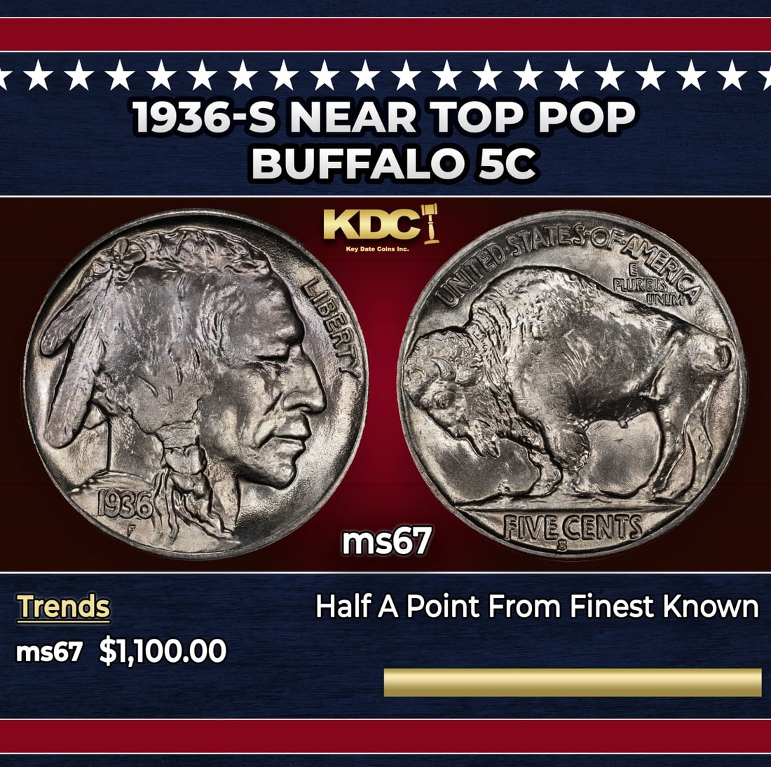 1936-s Buffalo Nickel Near Top Pop 5c ms67 SEGS: 1936-s Near Top Pop Buffalo Nickel 5c ms67 SEGS.