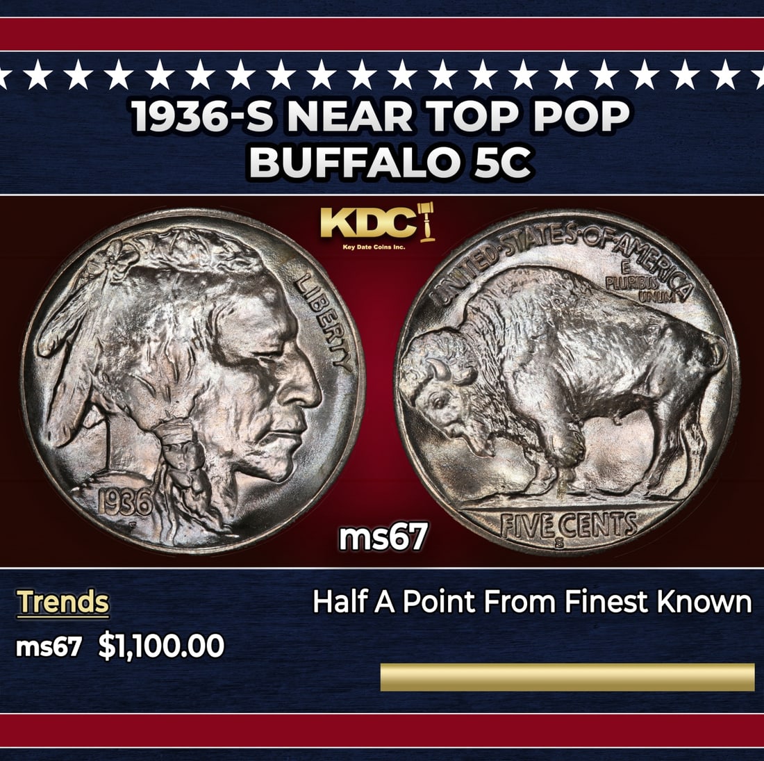 1936-s Buffalo Nickel Near Top Pop 5c ms67 SEGS: 1936-s Near Top Pop Buffalo Nickel 5c ms67 SEGS.