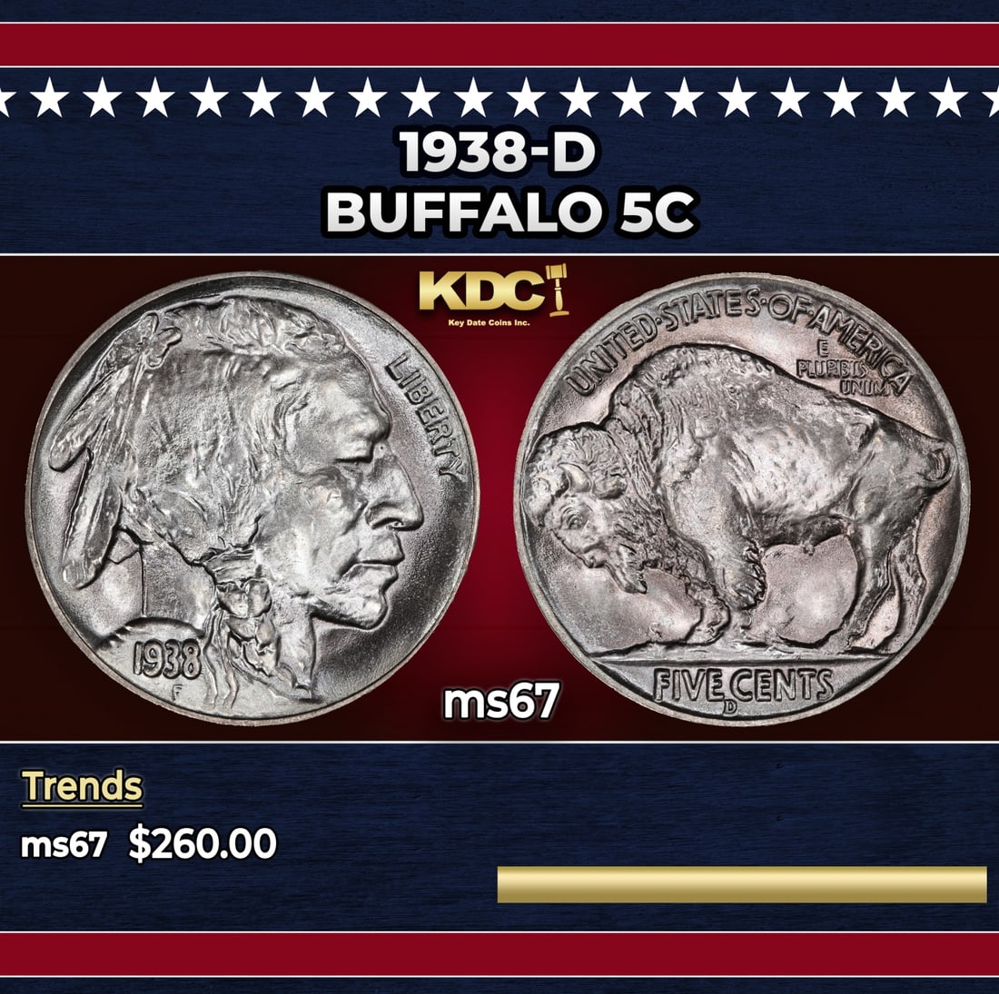 1938-d Buffalo Nickel 5c ms67 SEGS: 1938-d Buffalo Nickel 5c ms67 SEGS.