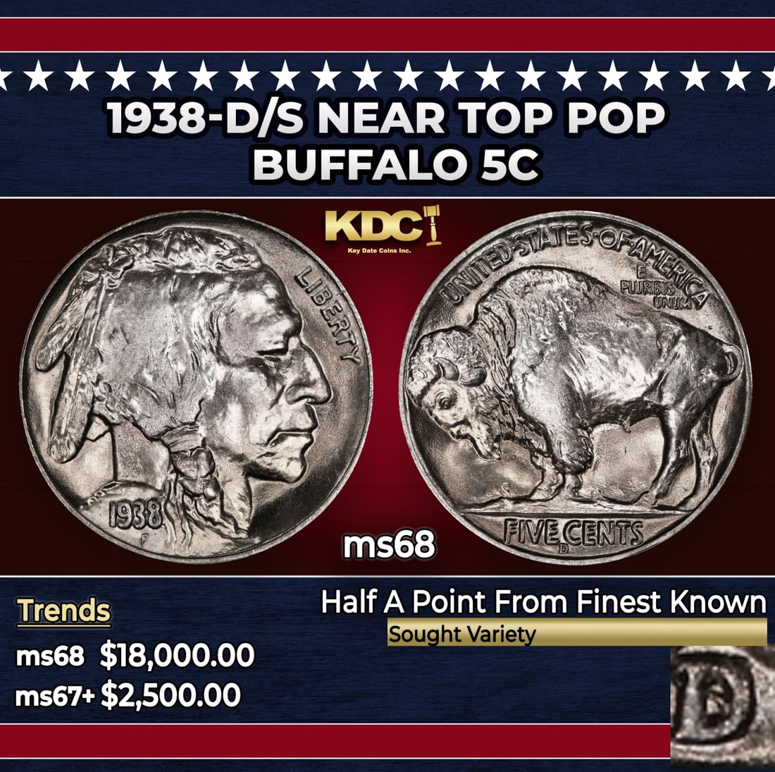 1938-d/s Buffalo Nickel Near Top Pop 5c ms68 SEGS: 1938-d/s Near Top Pop Buffalo Nickel 5c ms68 SEGS.